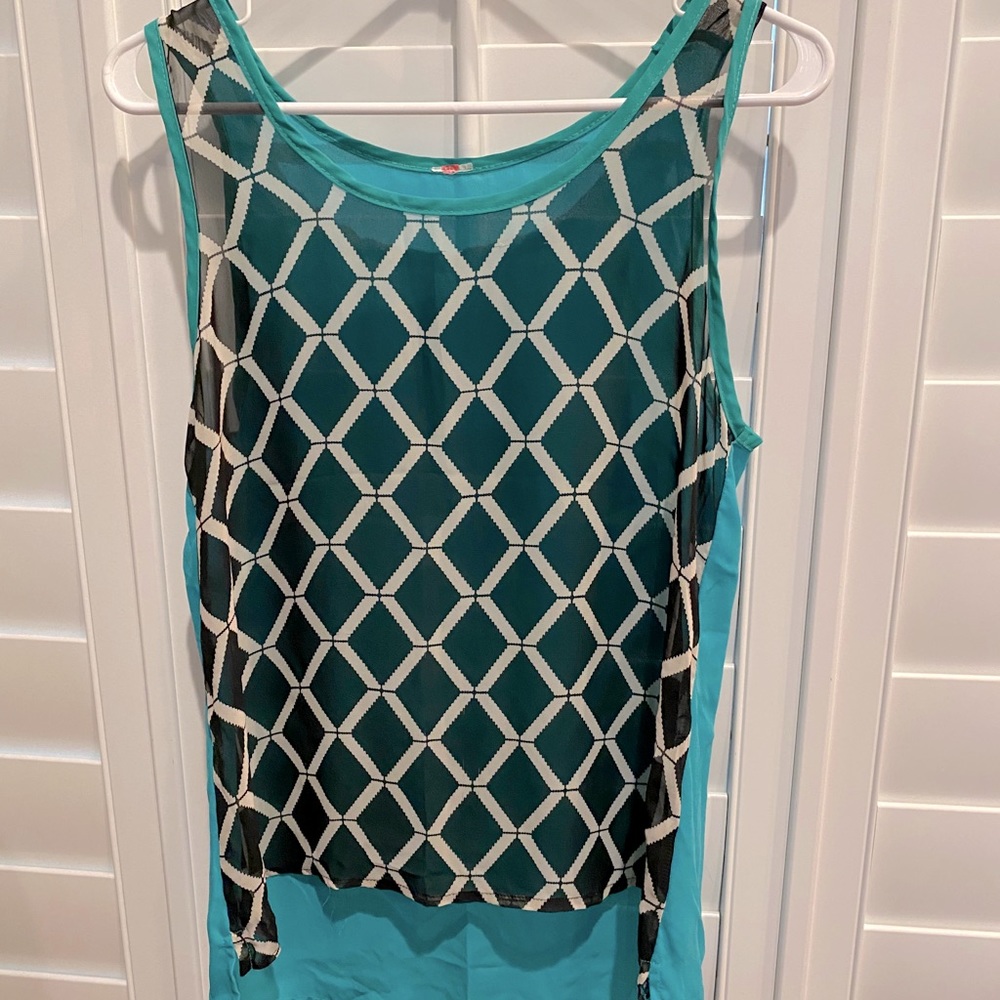 Black/White with Teal Sleeveless Blouse
